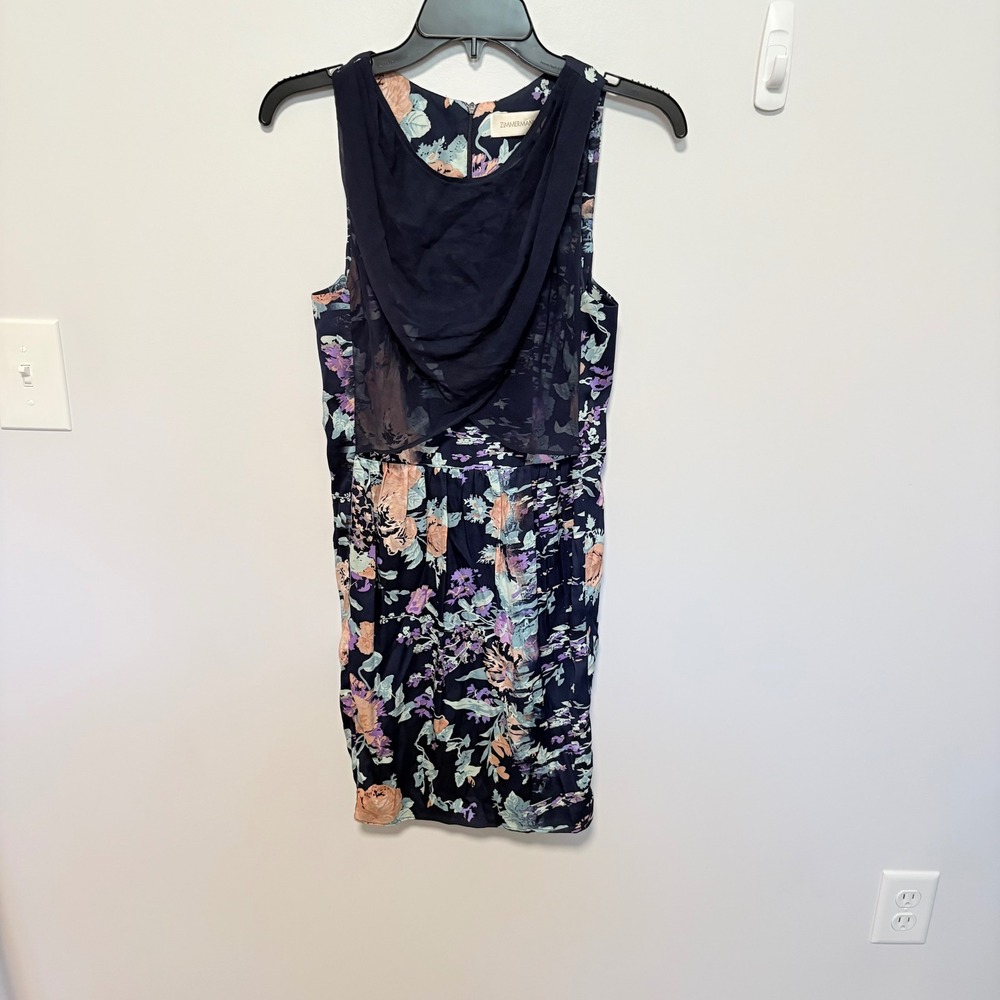 Zimmermann Floral Silk‎ Draped Mini Dress Women Navy Blue size 0 Sleeveless